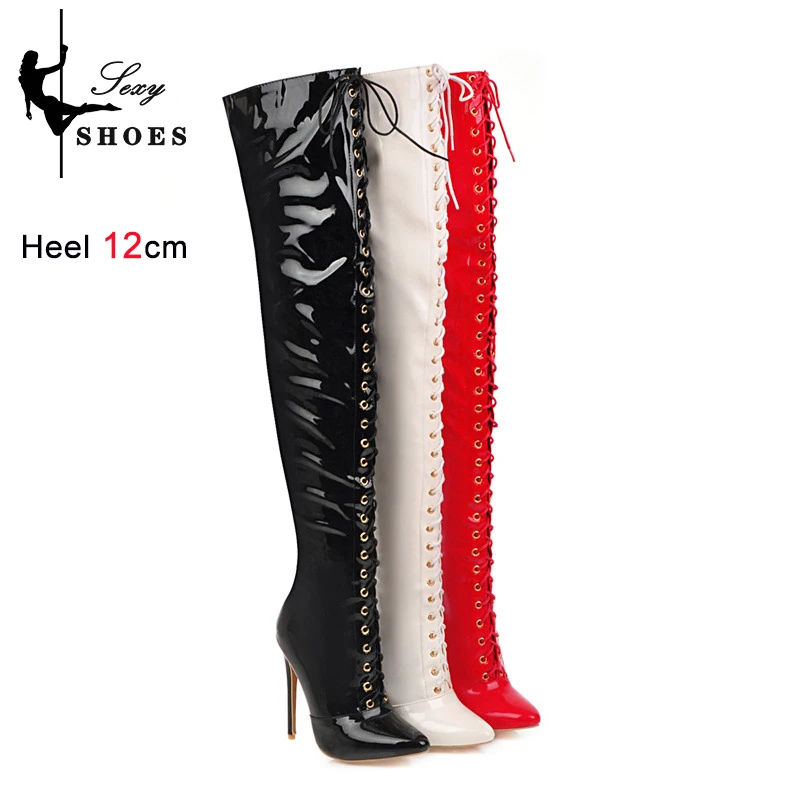 Autunno inverno sopra il ginocchio stivali da donna discoteca spogliarellista tacchi cerniera laterale 12CM scarpe da donna a punta stivali alti