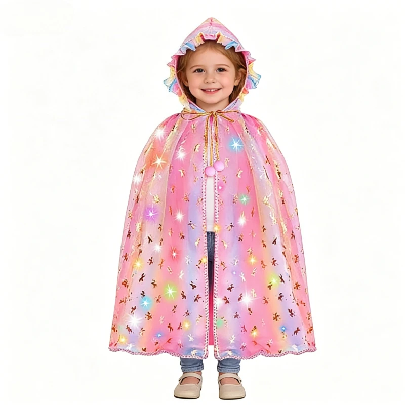LED Light Up Kids Unicorn Hooded Cape Set Girls Magical Print Princess Cloak with Matching Horn Headband for Birthday Carnival