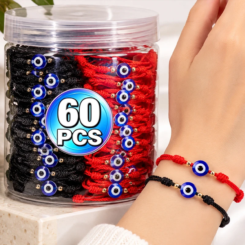 6-60pcs Fashion Blue Evil Eye Lucky 7 Knots Red String Bracelet for Couple Adjustable Handmade Braided Bracelet Friendship Gift