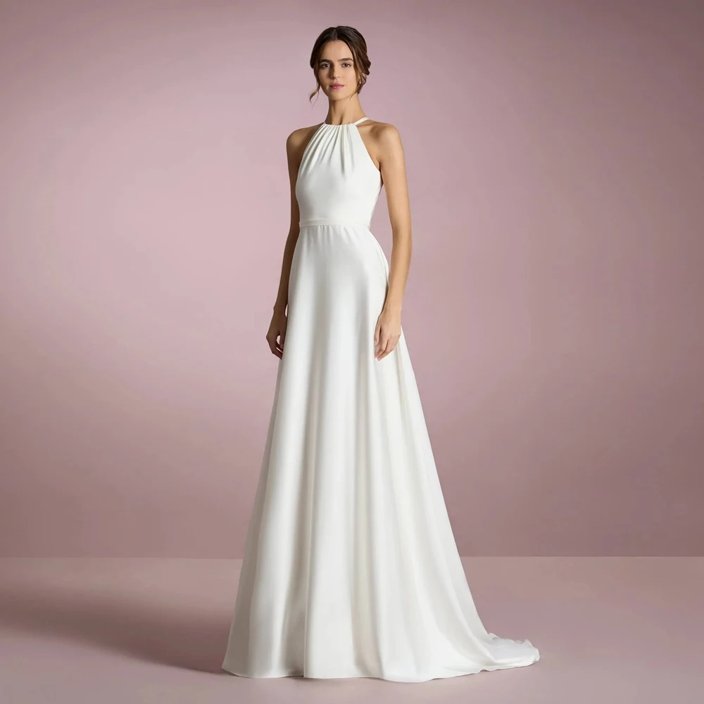 Classic Halter Neck Wedding Dresses Sleeveless Bridal Grown Button Back Customized Straps Floor Length A Line Vestidos De Novia