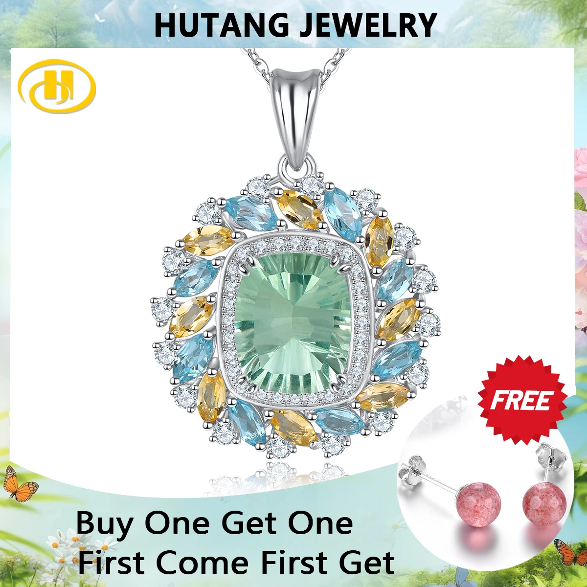 

Natural Green Fluorite Sterling Silver Pendant 6.8 Carats Genuine Citrine Topaz Original Design Exquisite Fine Jewelrys