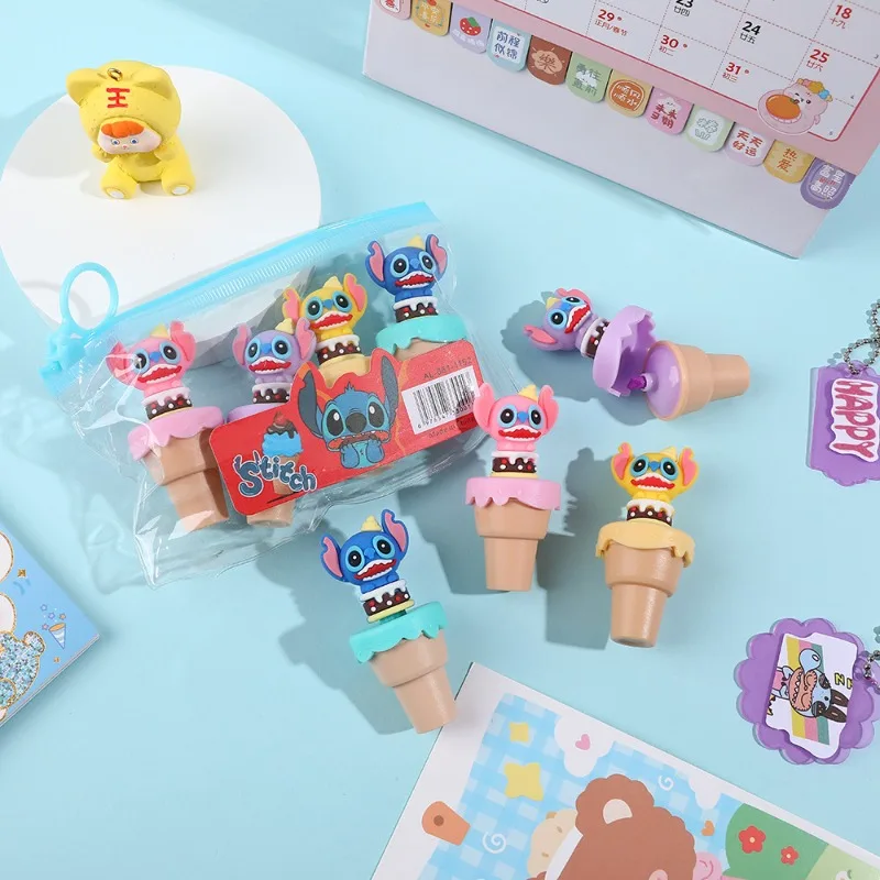 

4pcs Set Stitch Mini Highlighter Pen Kawaii Cartoon Anime Preschool Students Marker Graffiti Watercolor Stationery Boy Girl Gift