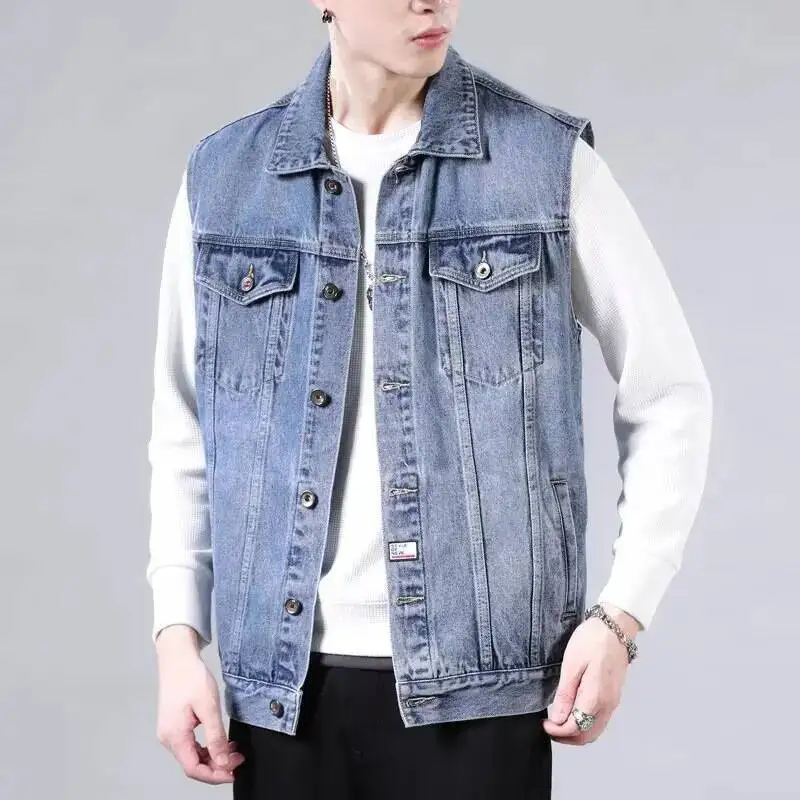 

High End Retro Denim Men's Sleeveless Lapel, Vest Vest, Multi Pocket Workwear