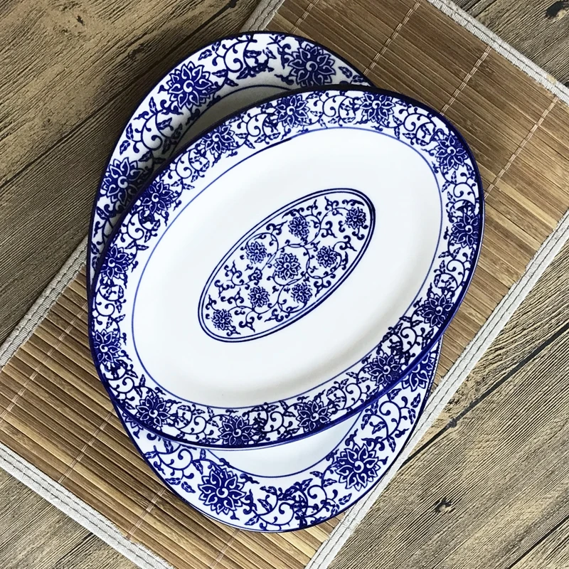 

Retro Underglaze Blue And White Ceramic Plate Large Size Oval Shape Fish Plate for Home And Restaurant Use Dining Utensils