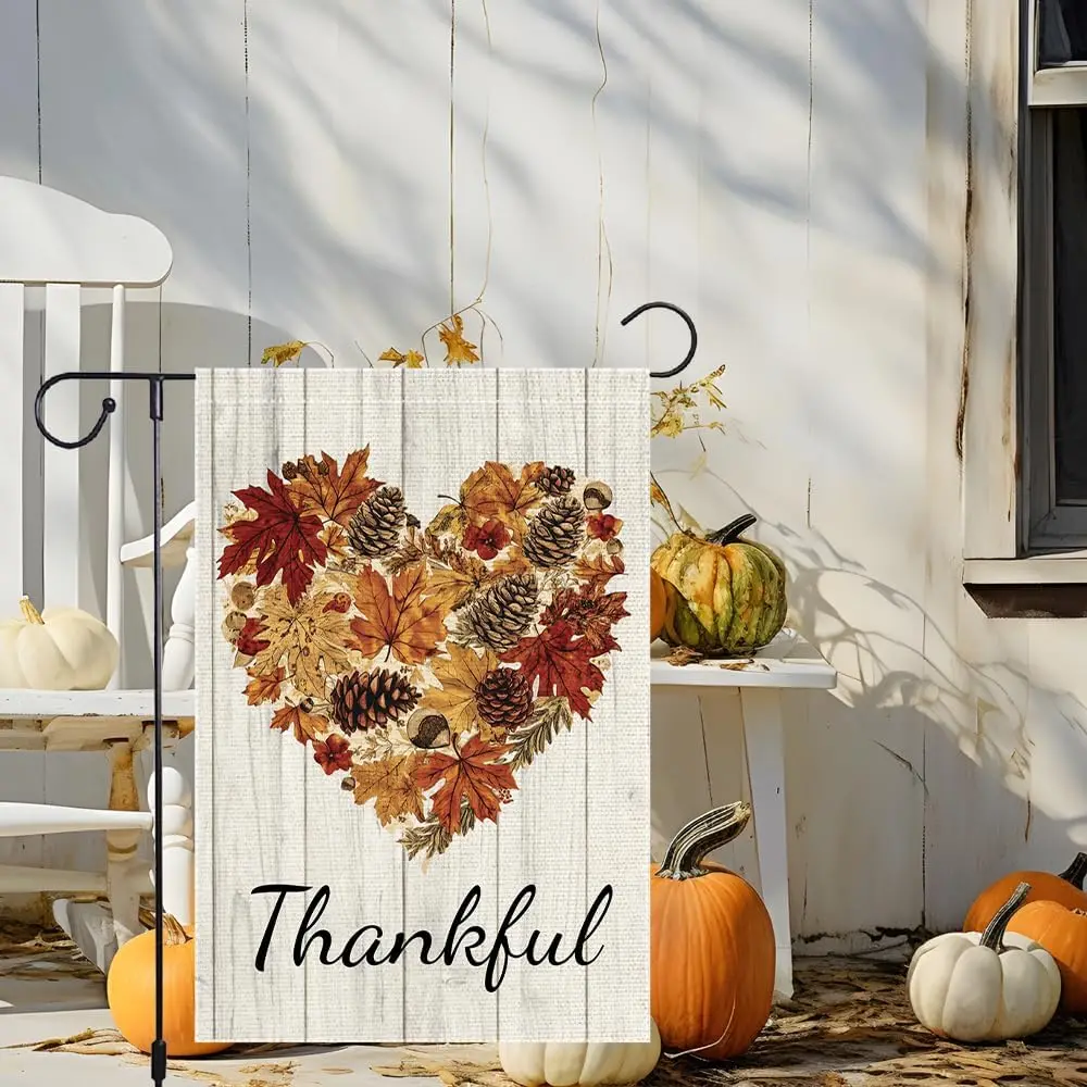 Thankful Fall Garden Flag Maple Leaf Love Heart Garden Flags 12x18 Inch Double Sided Burlap Autumn Pinecone Hazelnut Villa D llp