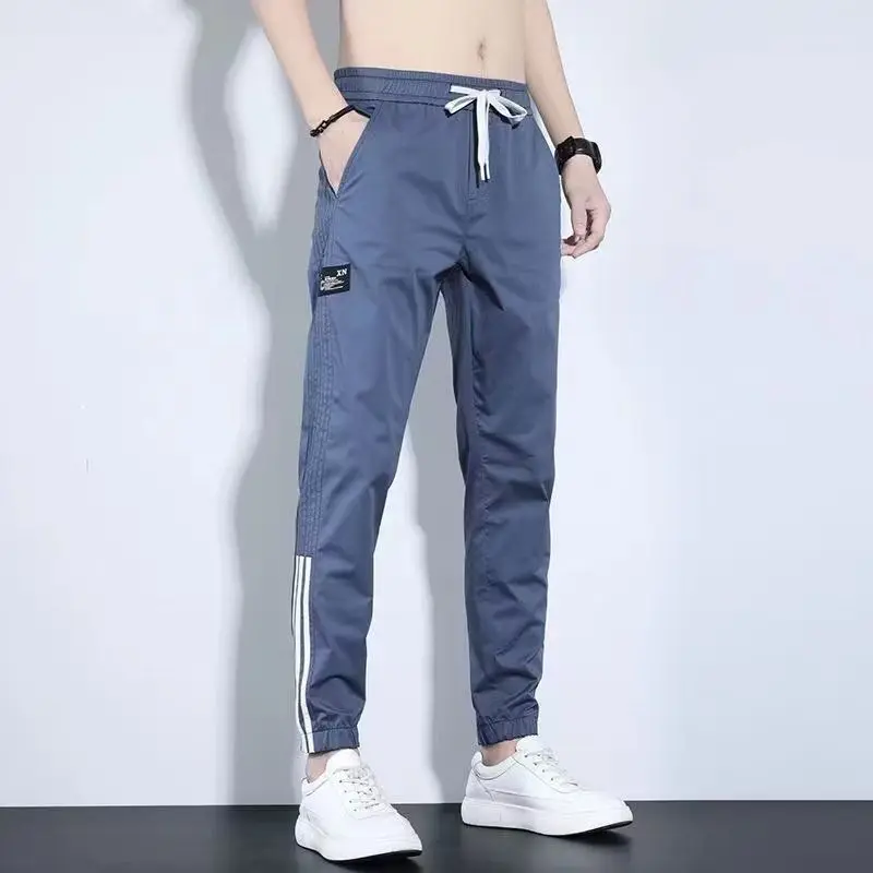 Summer Boyfriend 2024 Slim Loose Patchwork Elasticized Drawstring Pocket Fashion Solid Color Casual Sports Straight Leg Pants