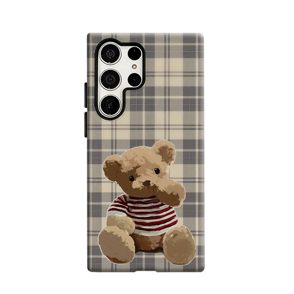 CaseLumi Phone Case For Samsung Galaxy S25 S24 S23 Ultra Plus HD Hard Plaid Teddy Bear Double Layer Cover Film Shell