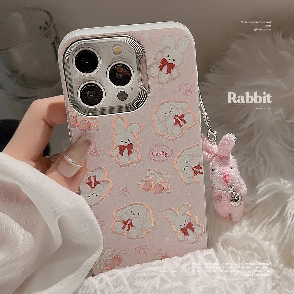 Ins Style Pink Cartoon Cute Bunny Case With Lanyard For iPhone 15 14 13 12 Pro Max Plus Shockproof Phone Case Laser