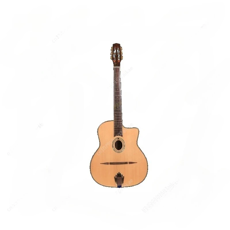 Guitarra acústica profesional hecha a mano, acabado brillante jugable, agujero en D, arco superior, cuerda de acero, Manouche de Jazz gitano