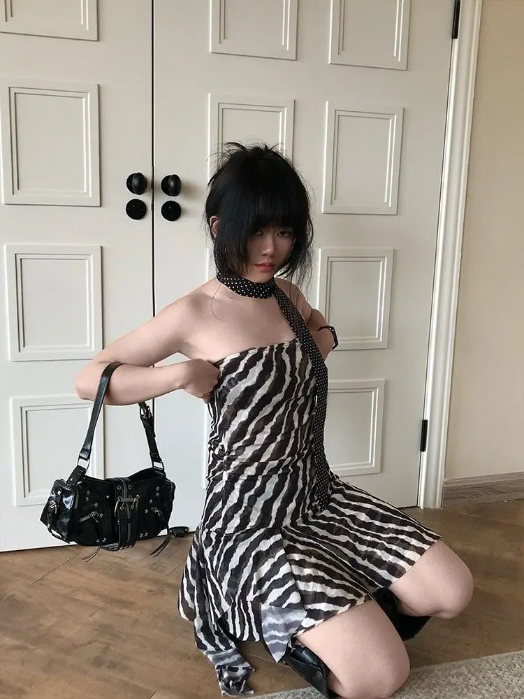 

Sexy zebra print striped strapless dress women summer new niche irregular design slim fit waist cinching personality dress