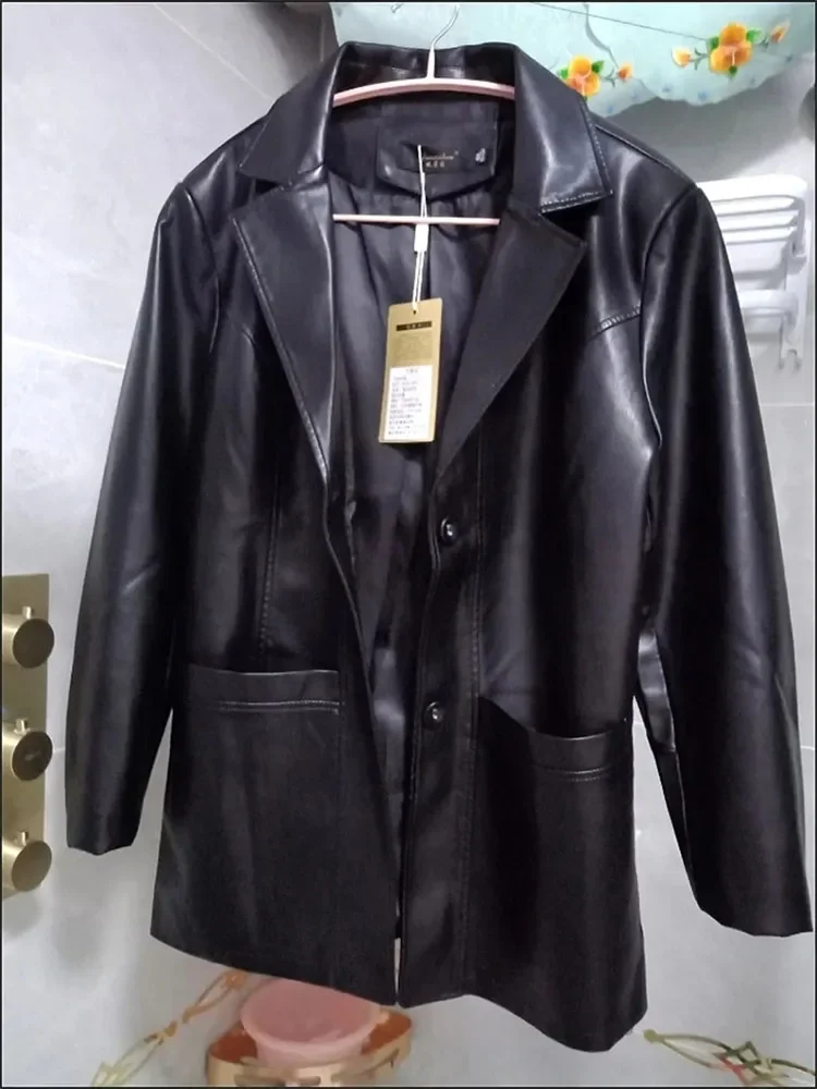 2025 Spring Autumn Sheepskin Jacket Women Suit Coat Slim Single-breasted Casual Tops Lady Small Outerwear Leather Blazer Coats