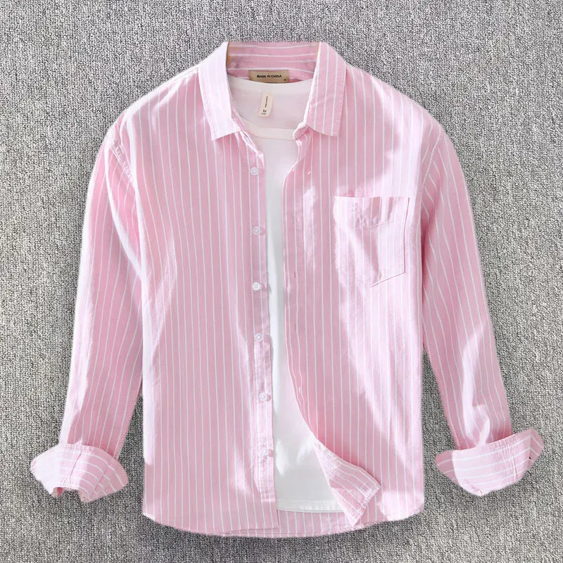 

Men Pure Cotton Shirt Chest Pocket Casual Loose Long Sleeve Button Down Shirt Man Simple Collar Stripe Tops Shirt High Quality