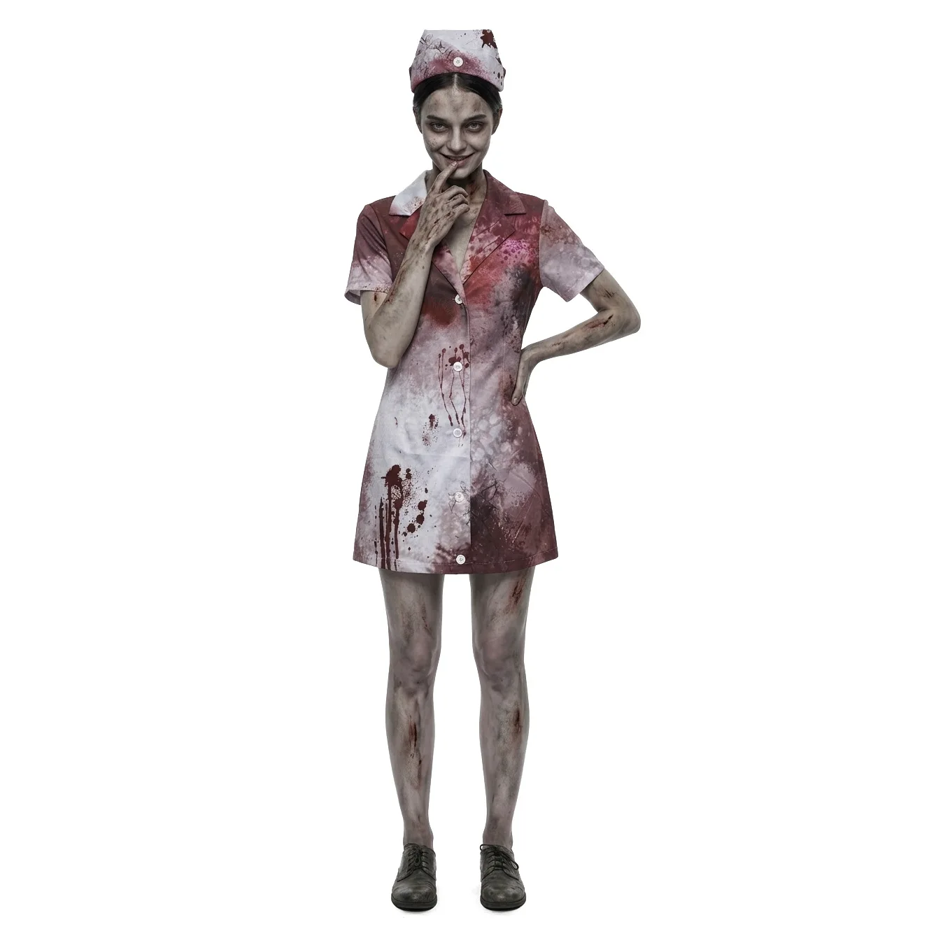 Bloody Tattered Zombie Nurse Costume for Women Horror Halloween Fancy Dress with Hat and Apron Scary Party Cosplay Outfit view 3