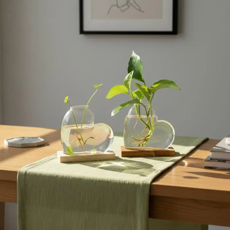 Transparent Hydroponic Glass Vase Wooden Stand Decorative Love Shaped Vase Minimalist Plant Propagation Station Living Room