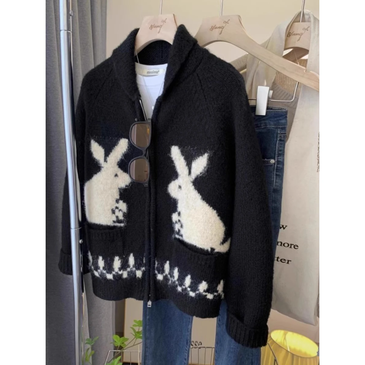 

Очень большое бархатное трикотажное пальто с воротником-молнией в японском стиле, осень-зима, новый открытый кардиган с двойной молнией и воротником