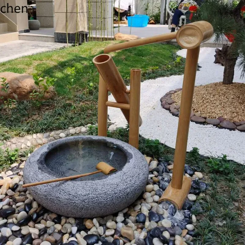 HT  Outdoor Landscape Stone Water Flow Ornament Bamboo Raft Stone Bowl Stone Basin Courtyard Decoration