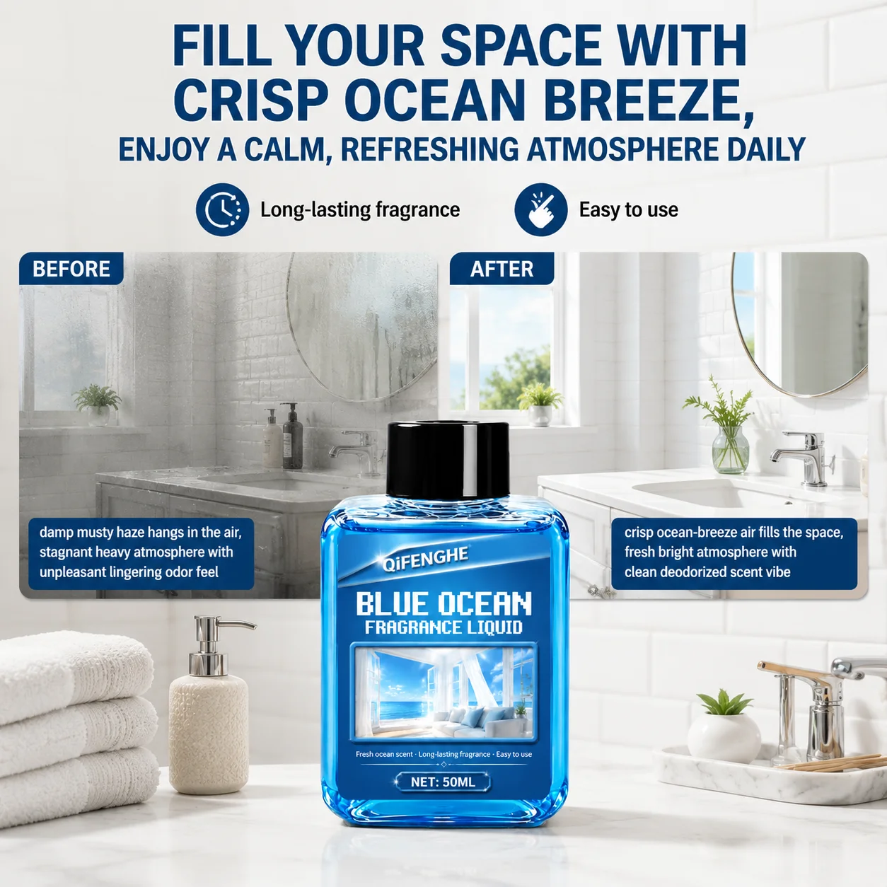 Continuous Ocean Breeze Indoor Space Fragrance Liquid for Car Bedroom Bathroom Neutralize Musty Smells 50ml Pack