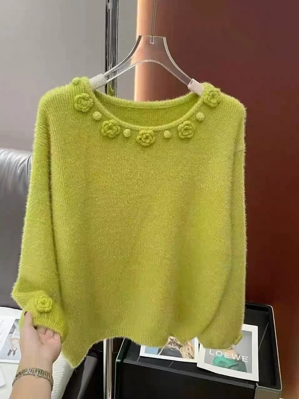 

Корейский антивозрастной вязаный свитер с цветочным принтом, свободный круглый женский мягкий уютный осенне-зимний новый теплый длинный све