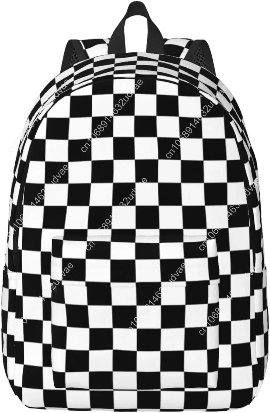 Black And White Simple Checkered School Backpack for Girls Women Lightweight Canvas Bookbag Casual Laptop Daypack
