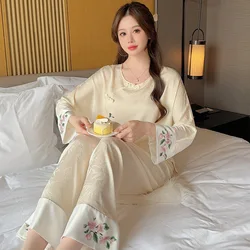 Lady Pajamas Set Summer Sleepwear Women Long Sleeve Pullover Trouser Sleep Suit Satin Homewear