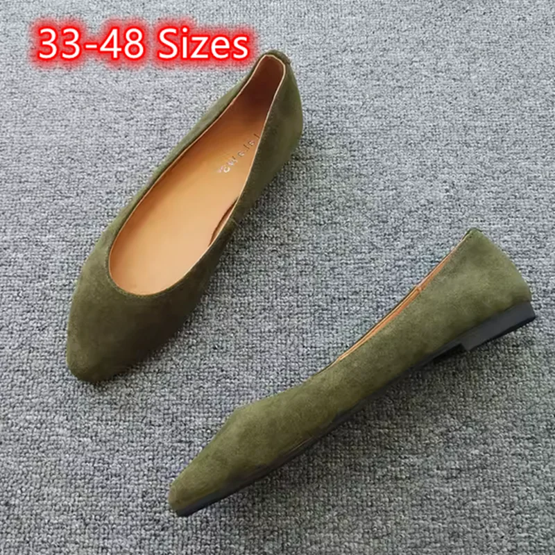 Women Military Green Flats Pointy Toe Nubuck Flock Flats Wide Fits 33 45 46 47 48 29cm Slip-On Luxury Desginer Ballet Shoes Grey