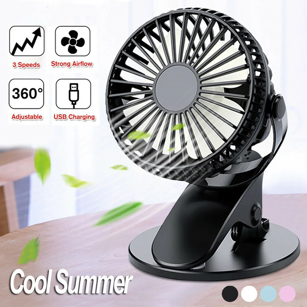 Portable USB Table Fan Clip-on Type Rechargeable Cooling Mini Desk Fan 360 Degree Rotation 3 Speeds Adjustable Clip-on Fan