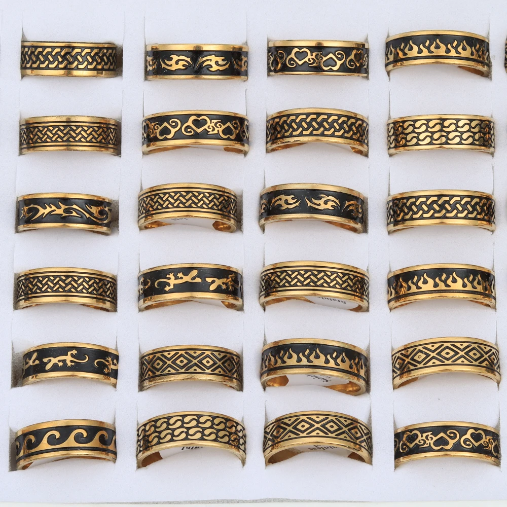 Wholesale 20 Pcs/Lot Golden Corrosion Carving Stainless Steel Rings For Men Women Mix Style New Vintage Jewelry