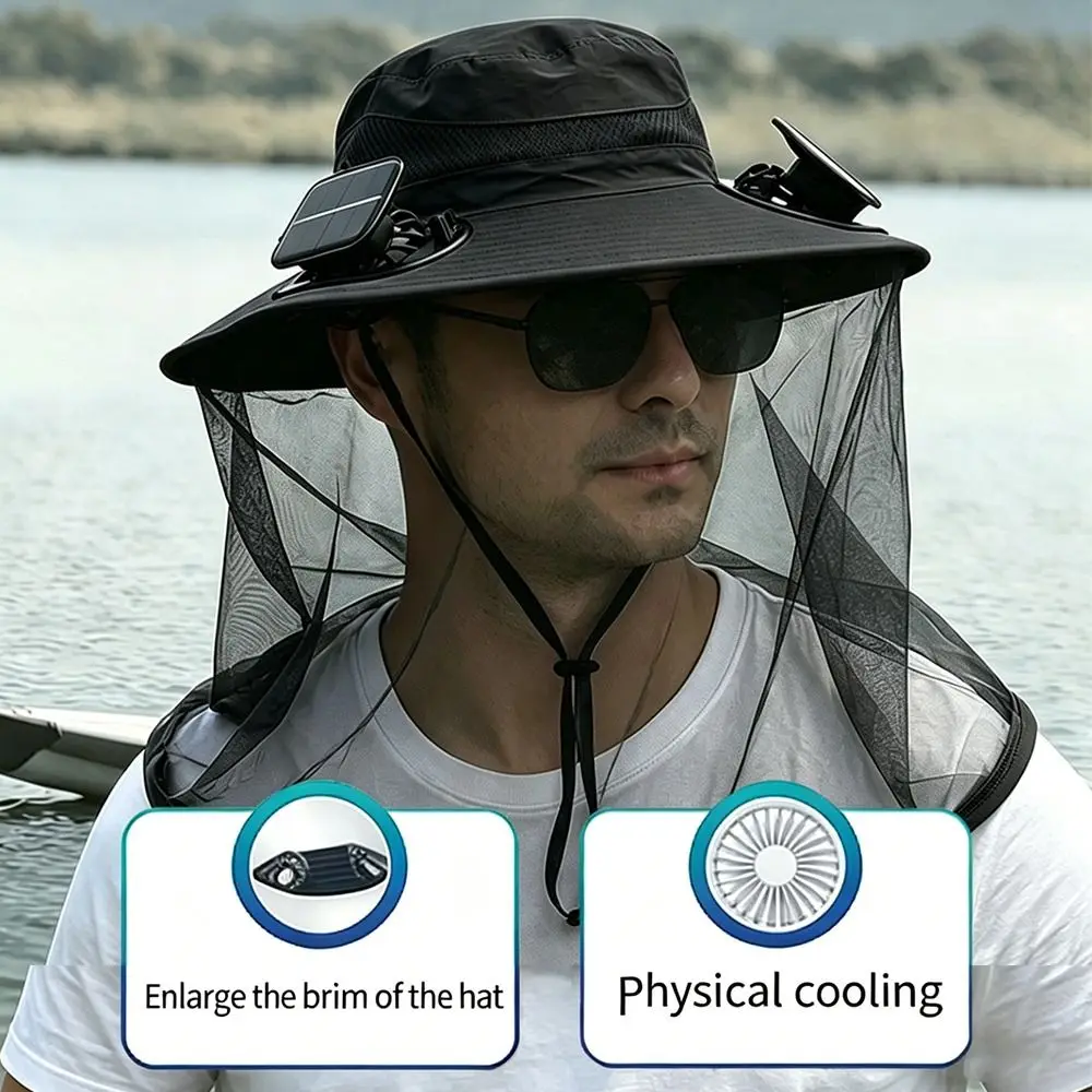 

New Solar Powered Solar Fan Hat Dual Fans UPF 50 Cooling Fan Hat Wide Brim With Net Dual Solar Charging Hat Beach