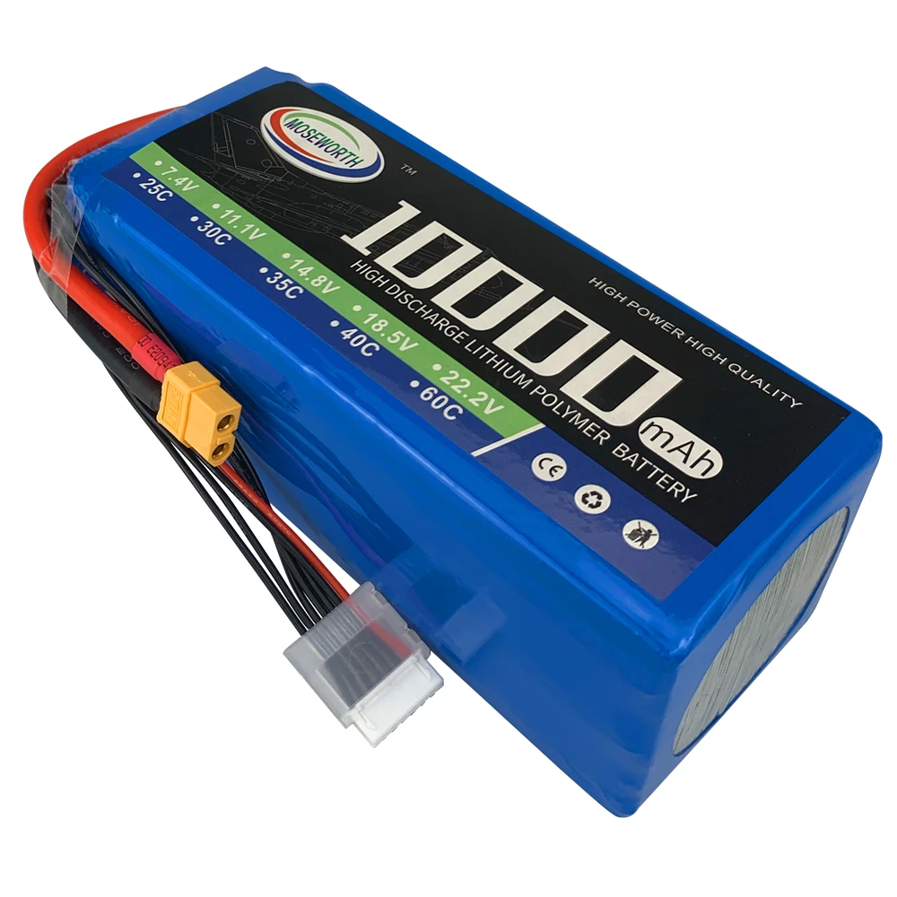 

Moseworth 6S Lipo Battery 10000mAh 22.2V 25C with XT60 XT90 XT150 Plug for RC Cars Desert Boat FPV Drone RC Models Parts