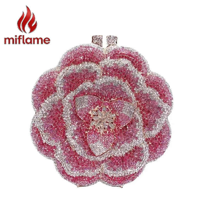Clutch with Rhinestone Crystal Cutout Metal Rose for Evening Party Banquet Luxury Sparkling Purse Formal Event