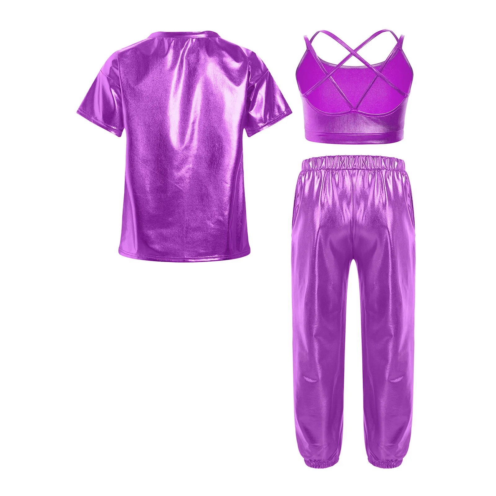 Kids Girls Metallic Shirt Tops Crisscross Camisole Pants Set for Hip-pop Jazz Street Dance Gymnastics Figure Skating Performance