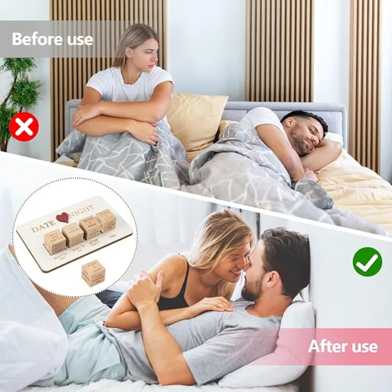 Conjunto noturno de jogo de decisão romântica para casais – Dados de madeira com desafio de data para adultos, presente perfeito para economia de amantes
