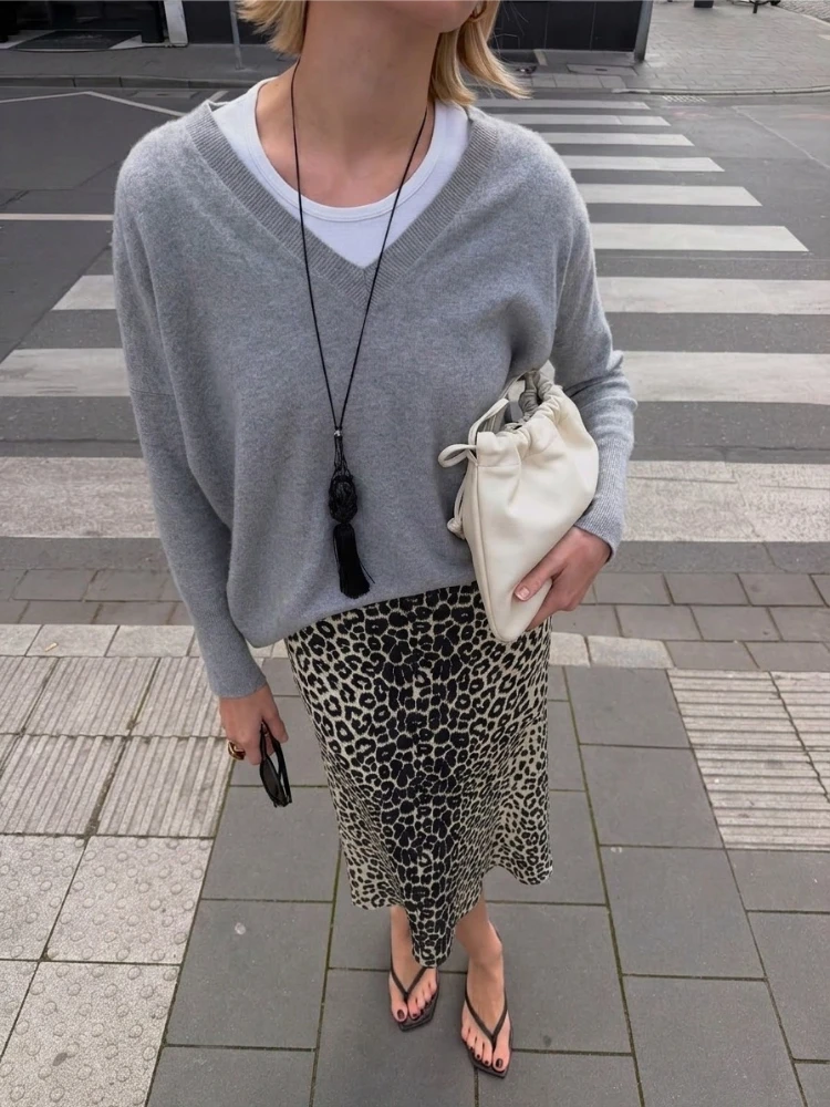 Women Leopard Print Midi Skirt High Waist A-Line Satin Skirt Elegant Summer 2026 Fashion Casual Chic Streetwear Outfits
