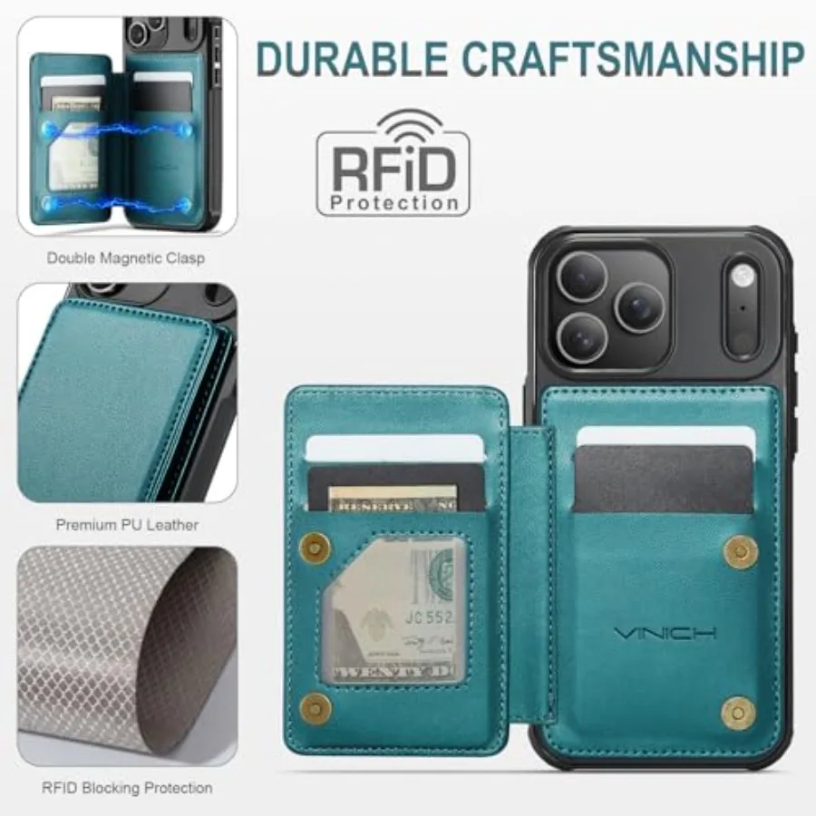 حافظة محفظة كلاسيكية باللون الأخضر الزرقاء مع فتحات بطاقة حجب RFID ومسند لهاتف iPhone 17 Pro 6.3 واقي مقاوم للصدمات C