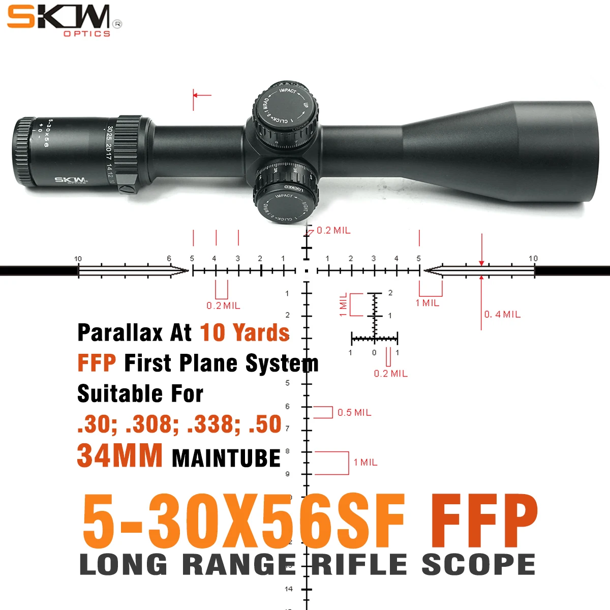 

SKWoptics-First Focal Plane Rifle Scope FFP, Long Range, 34mm Rings, Hunting, Heavy Duty, 5-30x56FFP-MIL-C