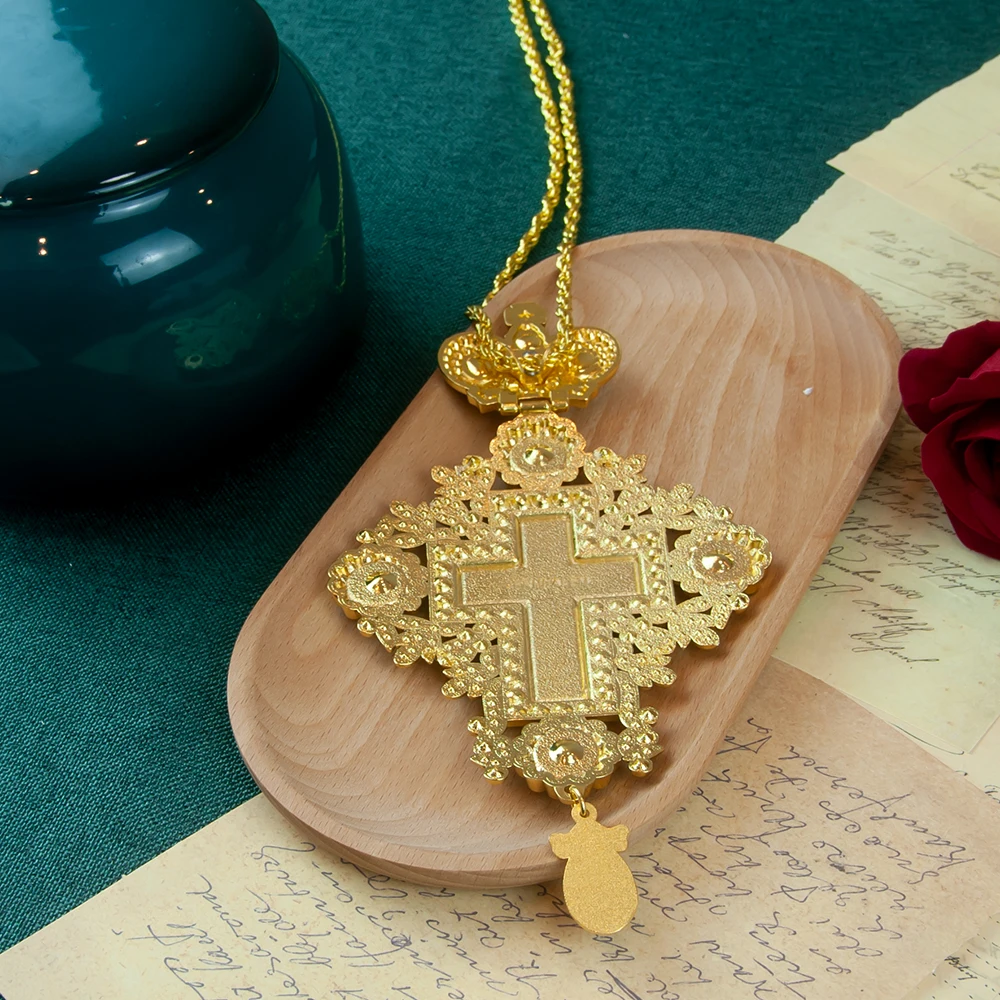 Orthodox Cross Pendant Necklace Crown Design Crystal Inlaid Jesus Crucifix Religious Jewelry Vintage Gothic Style Gift with Box