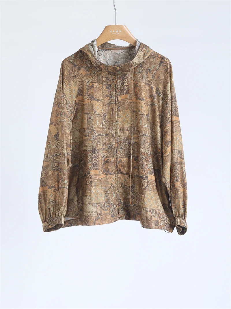 

Retro Floral Print Silk Hooded Top Women's Skin-friendly Comfortable Anti-aging Versatile Sun Protection Zipper Cover up Coat