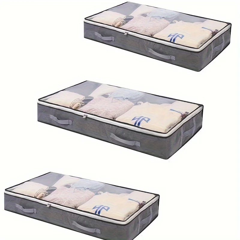 3 Pack Under Bed , Underbed  Boxes with lid Clothes  Bag Wardrobe  Organiser with Reinforced Handle, PVC Window for Duvet, Blank