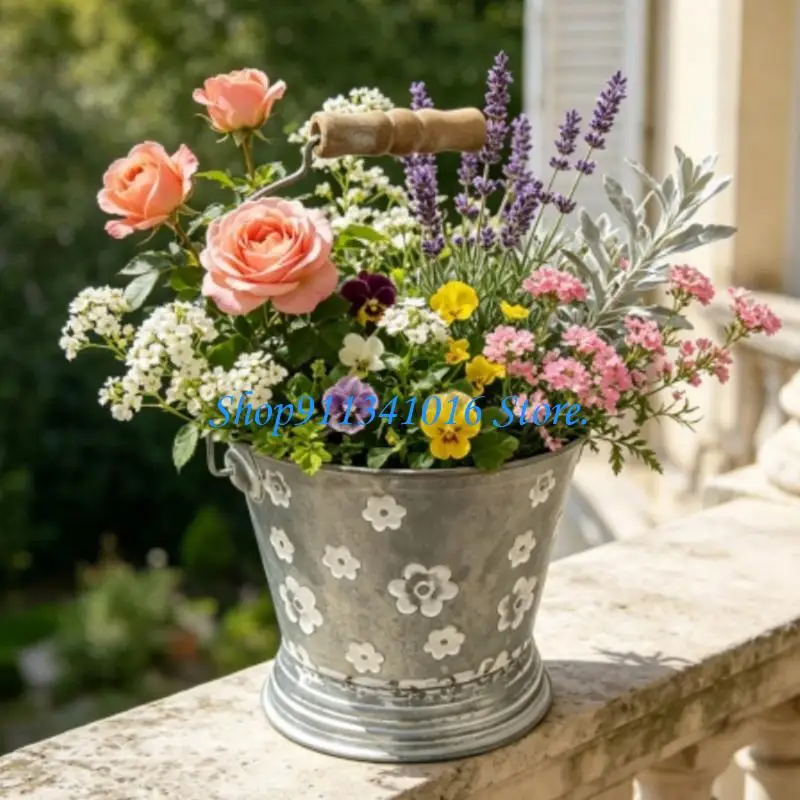  Iron Flower Pot with Handle Bucket Hanging Balcony Garden Home Decoration Planter Candy Basket Home Display