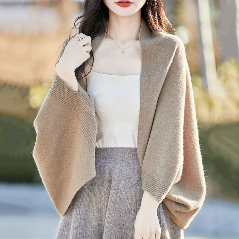 

100% Merino Wool Knitted Scarf Shawl Spring and Autumn Women's Loose Coat Multifunctional Solid Color Cloak Joker Shawl Jacket