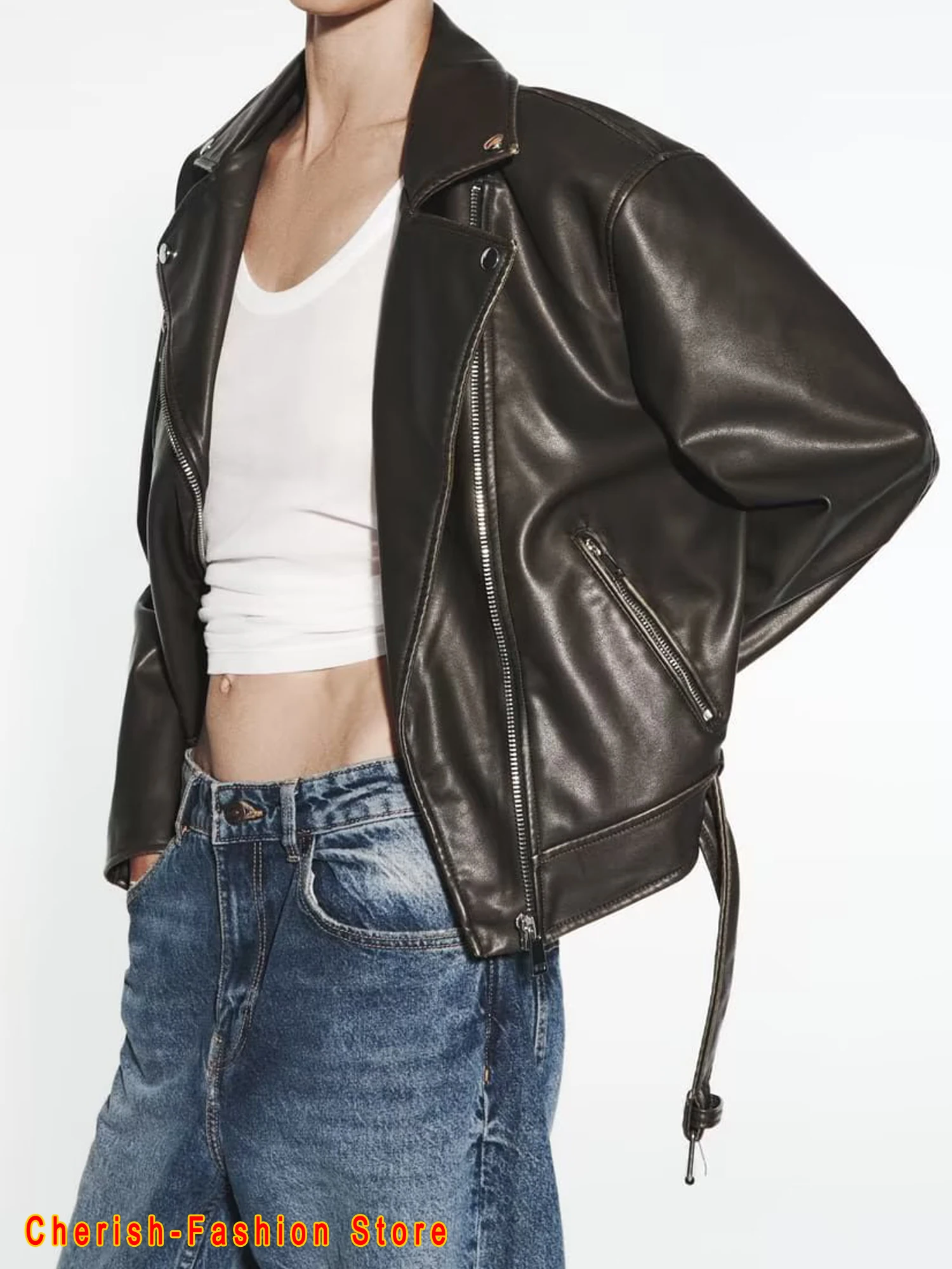 Blouson en similicuir PU femme, streetwear, vintage, avec ceinture, fermeture éclair, rétro, motard, 2023