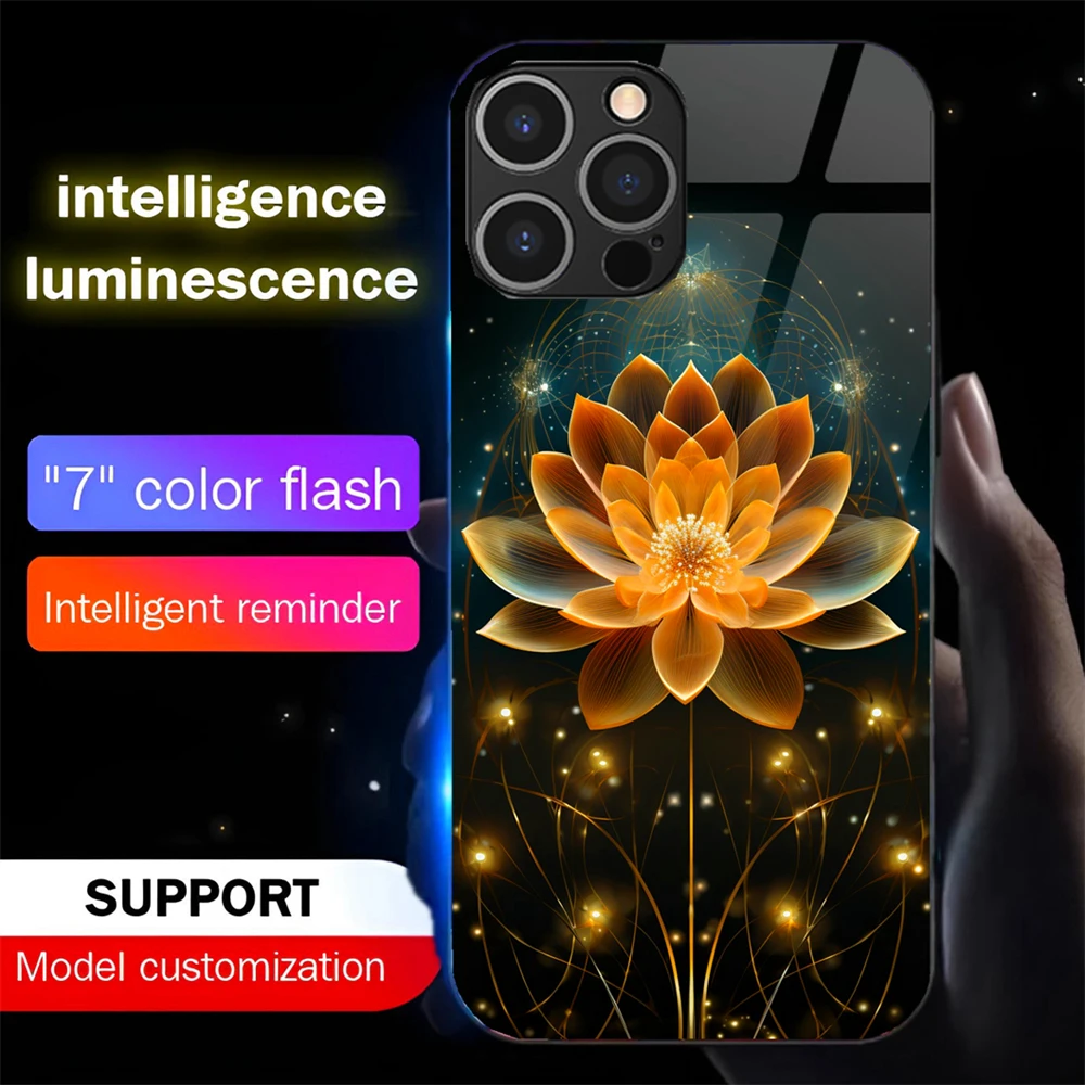 

So Pretty Lotus Flower Led Light Phone Case Call Flash Glitter Cover For iPhone Air 17 16 E 15 14 13 12 11 Pro Max Plus SE