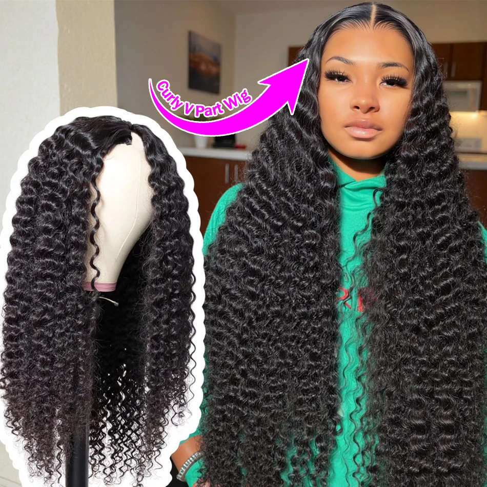 

Парик V-образной формы с кудрями, 200% плотность, из натуральных волос, машинной работы, без необходимости оставлять свои волосы, V-образный парик с глубокими кудрями, 18-32 дюйма