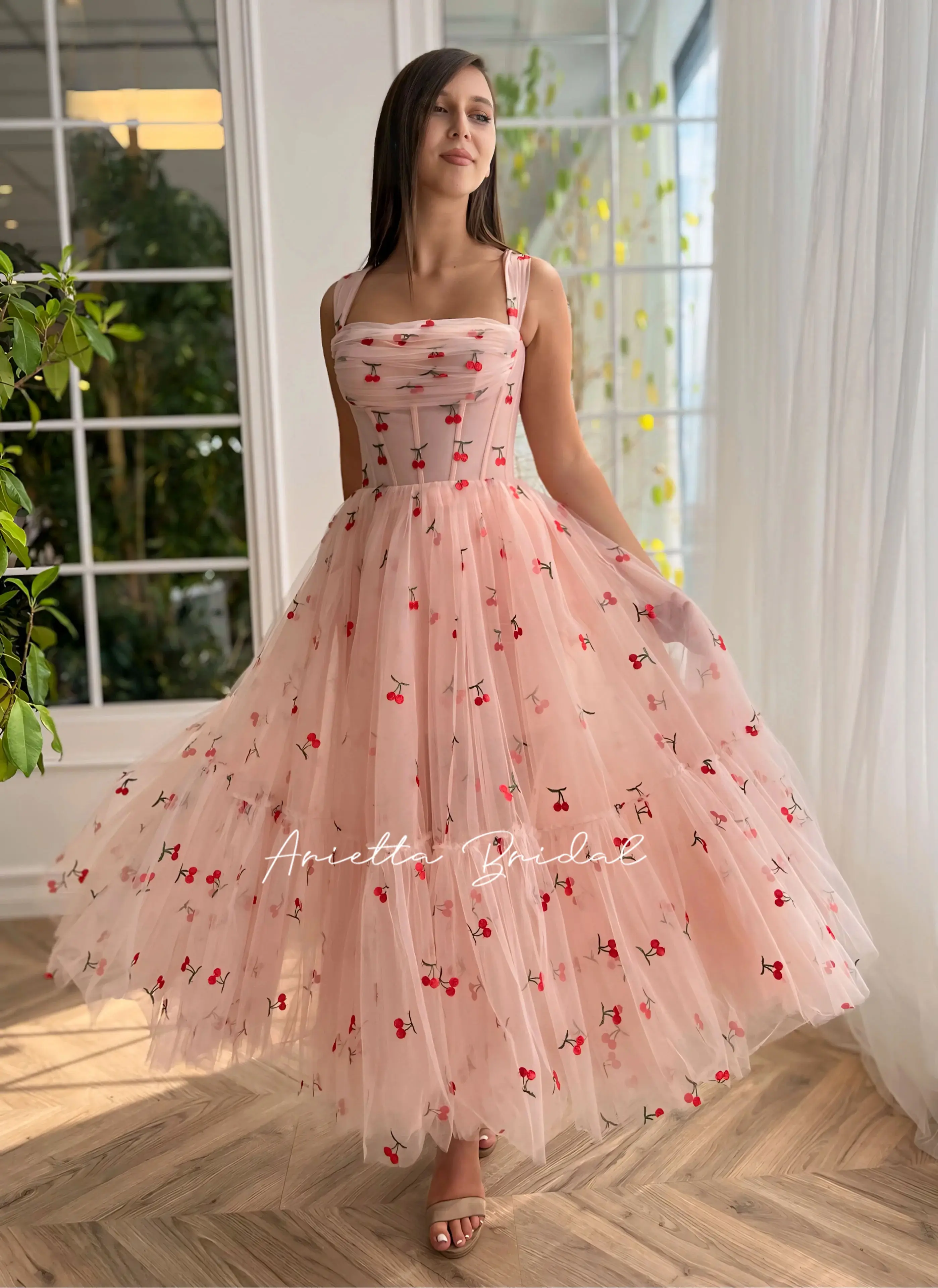 Arietta-Vestidos Midi de tul de cereza rosa, vestidos de fiesta de noche sin tirantes, línea A, largo hasta el té, vestidos cortos de Graduación