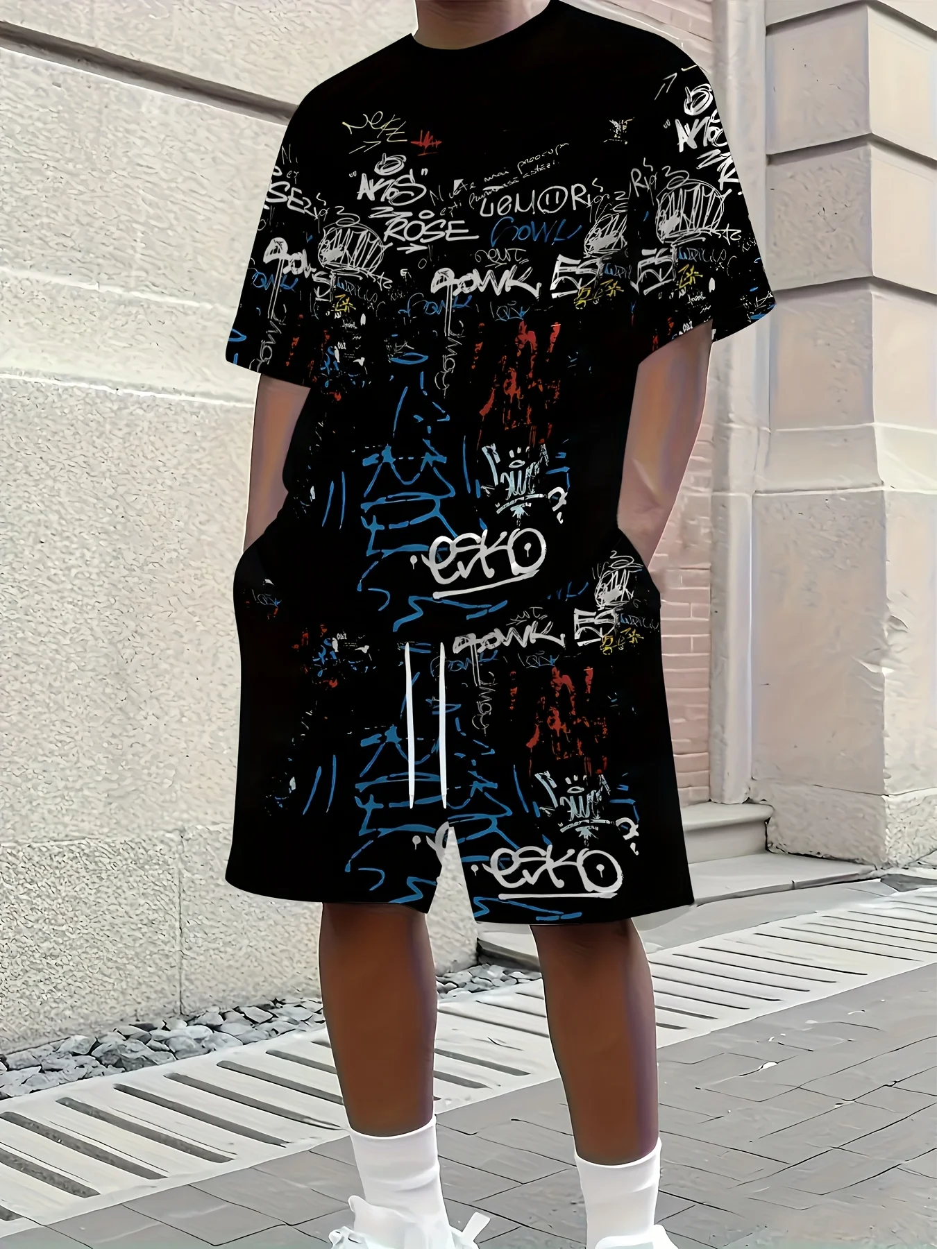 

Летний мужской комплект с короткими рукавами, футболка с принтом граффити в стиле хип-хоп, шорты на шнурке, мужской праздничный комплект из двух предметов в уличном стиле