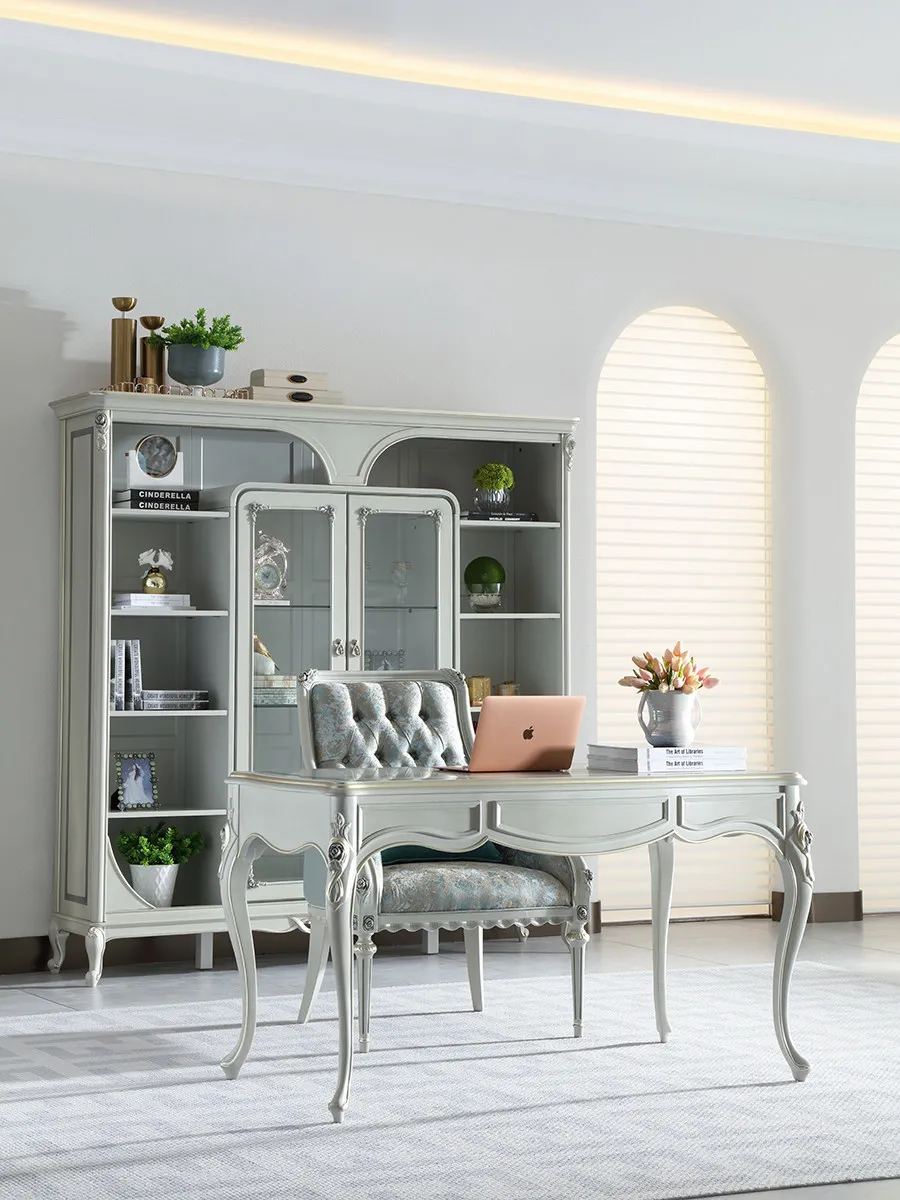YJQ French light luxury solid wood desk and chair European retro engraved office bookcase