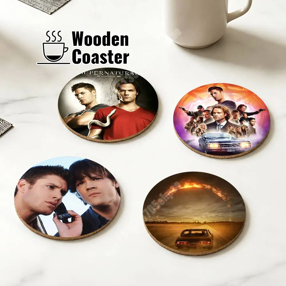 S-Supernatural-S Sam Dean Winchester Sous-verre en bois pour expresso, whisky, soda, eau, pour pâtisserie