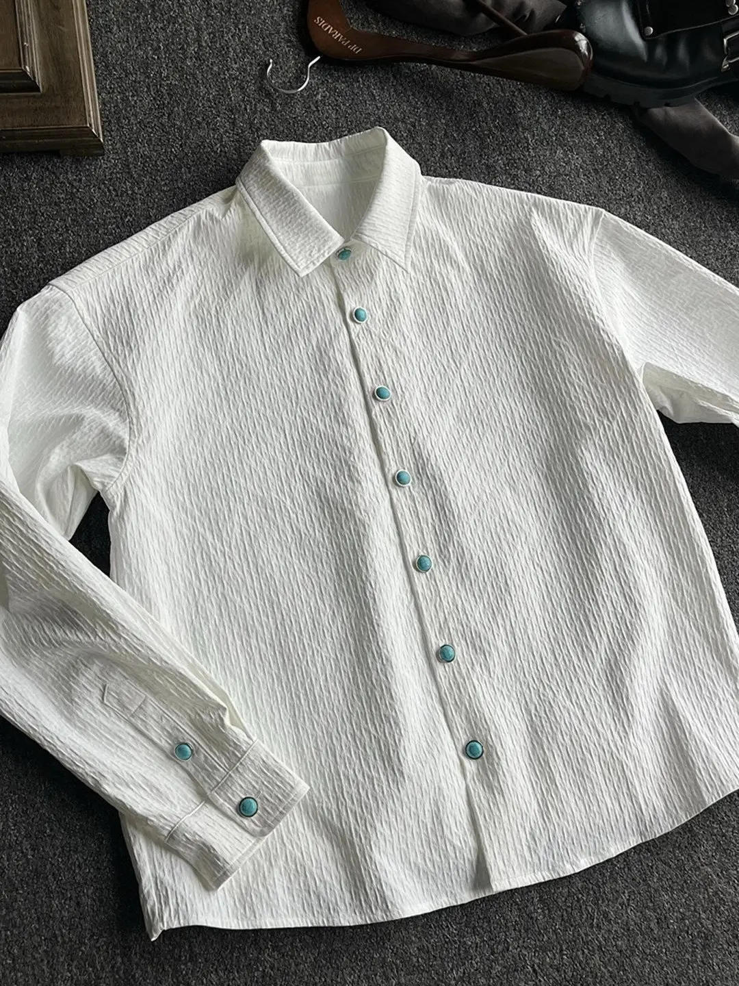 

Turquoise Texture Long Sleeve Shirt Men Women Spring Autumn American Fold Old Money CleanFit Shirt Jacket Trendy Polyester Fi...