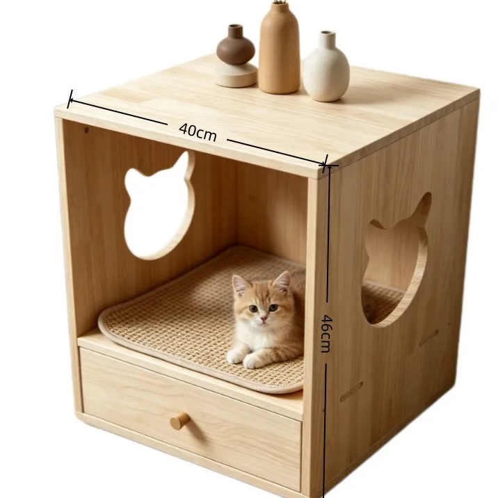 Solid wood dual-purpose cat nest edge, cat head hollowed out semi-closed cat house