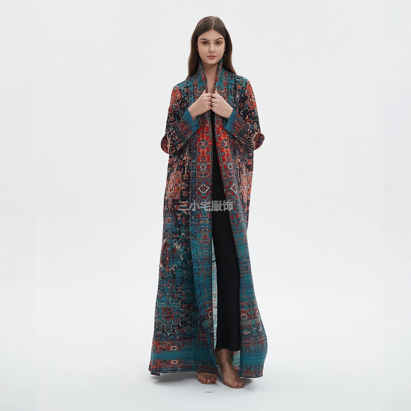 Miyake Pleated Arabian Robe Vintage Printed Long Sleeve Plus Loose Large Size Cardigan Fashion Women Trench Coat 2024 Summer New